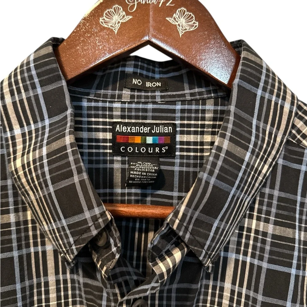 Alexander Julian‎ Button Up No Iron Men's Shirt Sz XL Black Blue Plaid Preppy
